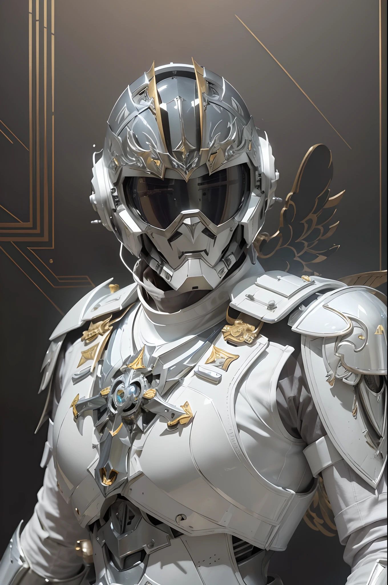 male decopunk angel mecha deer knight in full body beautifully elegant mechanical angel armor, full head helmet with a full face white steel knight visor, bright vibrant eyes, armor is pure white with pale gold accents, armor is gorgeously engraved with art deco patterns that flow down the arms and chest and legs, wide spread beautifully designed white mechanical angel wings, face covered, face hidden behind elegantly beautiful decopunk knight helmet visor, upper body portrait, anime art style