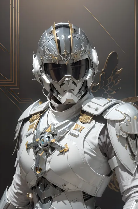 male decopunk angel mecha deer knight in full body beautifully elegant mechanical angel armor, full head helmet with a full face white steel knight visor, bright vibrant eyes, armor is pure white with pale gold accents, armor is gorgeously engraved with ar...