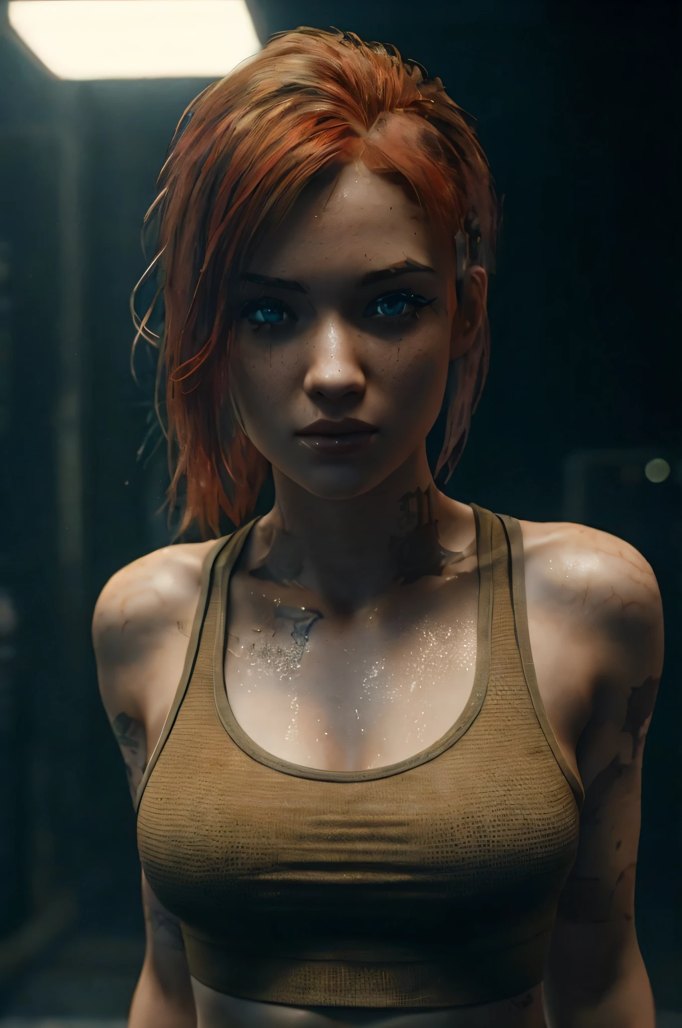 A woman with red hair and a tank top standing in a room, cinematic body shot, cinematic bust shot, detailed cinematic render, Cinematic realistic portrait, arte do personagem do motor irreal, cinematic bust portrait, Personagem pequeno. Motor Unreal 5, cinematic close-up of bust, Cinematic Goddess Body Shot, suado 4 k, estilo cyberpunk hiper-realista, 8k portrait render