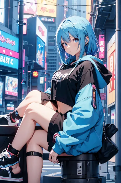 anime girl with blue hair and a black top in a city, anime moe artstyle, 2 d anime style, flat anime style, anime style 4 k, retro anime girl, anime artstyle, cyberpunk anime girl in hoodie, anime style. 8k, anime art style, digital anime art!!, 2d game fa...