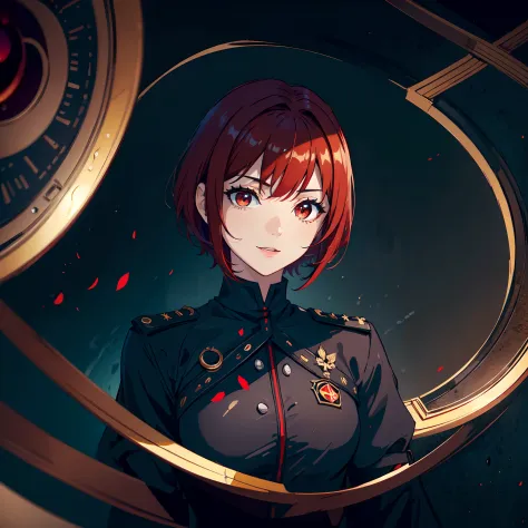 Sentada em uma poltrona luxuosa, at office, leve sorriso, black military uniform with red details, glass of wine, Anime, Red iri...