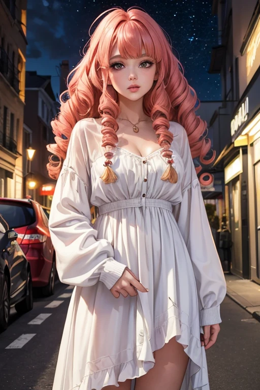 1girl in street wear clothes , in the street, Wear a white long dress , Heart prints , Hearts Pattern, White Skin ,(Best quality:1.1), (Masterpiece:1.4), 1fille, (cheveux volumineux)+ , ((curly hair))++, cheveux longs, ++, (((cheveux roux ))), (Yeux Verts ), Long Hair,, Gros Seins , Red Hair , (big lips)+ pouty lips , ,StreetWear , peau brillante, Brillant, starry night, dans une chambre,, Fioritures,