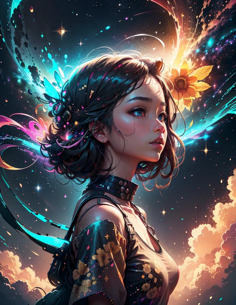 Girl standing in the clouds staring up as the stars, stars floating around her, brilliant colors, amazing swirls of cosmic dust, colorful vibrant, light particles, Create digital artwork in the Pop Art style, Featuring a vibrant and confident young Asian girl，street fashion (breast), Movie color scheme, Surrounded by vintage flower motifs, Vibrant brushstrokes,Emotions should be dynamic, Upper body, Drawing, illustration, 8k cinematic, golden ratio, golden hour, light particles, vibrant swirls, galaxy, universe abound