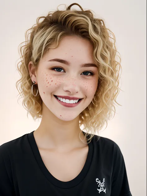 18 year old girl with bleached blonde curly hair. She is smiling with mouth closed and is wearing a black t-shirt. She is hispanic with light skin. She is plus size. She has a septum piercing and piercings on both sides of her lips. Snakebite piercings. Sh...