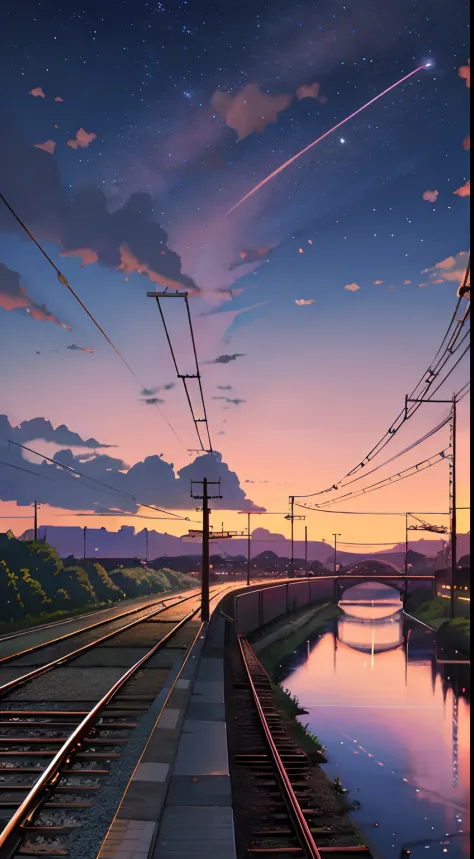anime scene of a train passing under a pink and purple sky, an anime drawing by Makoto Shinkai, trending on pixiv, magical realism, beautiful anime scene, cosmic skies. by makoto shinkai, ( ( makoto shinkai ) ), by makoto shinkai, anime background art, sty...