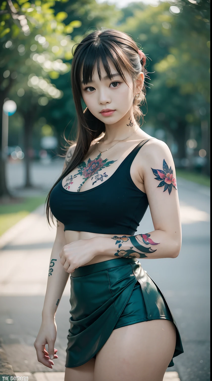 A woman with a tattoo on her arm and a skirt - SeaArt AI