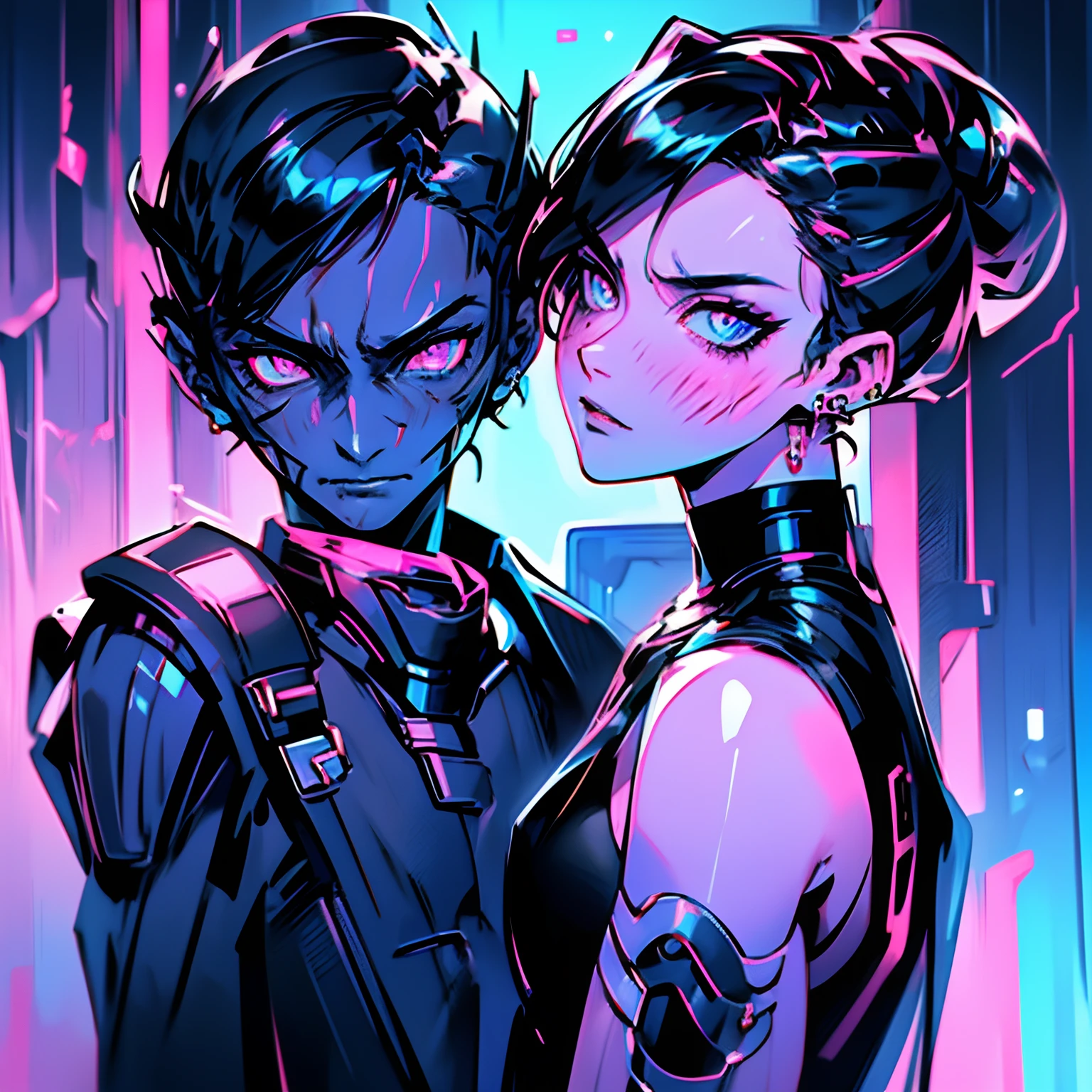 Alien cyborgs sangre carne Un chico guapo con penetrantes ojos azules y elegante cabello negro besando apasionadamente a una chica encantadora con cautivadores ojos rosados, ambos elegantemente vestidos con atuendos negros y rosas a juego