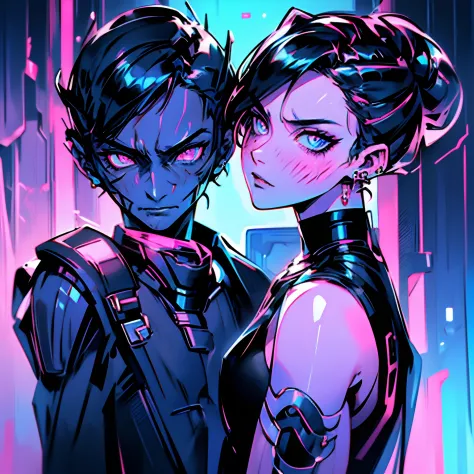 Alien cyborgs blood flesh A handsome boy with piercing blue eyes and sleek black hair passionately kissing a charming girl with ...