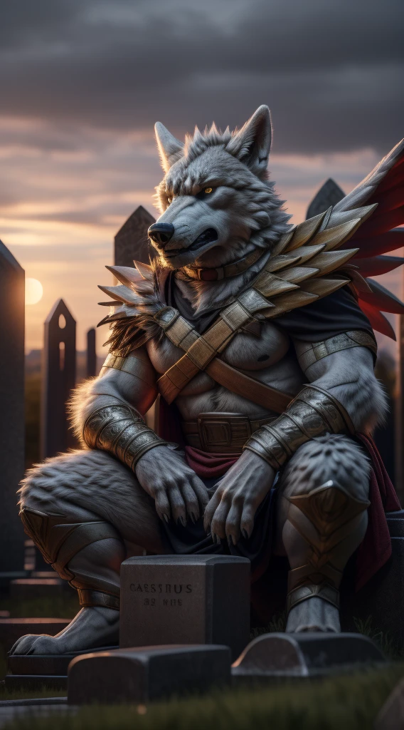 (best quality,4k,8k,highres,masterpiece:1.2),ultra-detailed,(realistic,photorealistic,photo-realistic:1.37),Cassius is a handsome furry and unfortunately he is no longer with us he died many years ago on October 30, 1518 every night you can see him wandering around the cemetery with his beautiful angel wings and his golden eyes he is sitting on his tombstone where his body is resting peacefully while looking at the viewer with a serious and angry expression It's my friends Cassius he has become a vengeful spirit I don't recommend any of you enter the cemetery at dawn. you may come across Cassius sitting on his tombstone where his body is resting in peace and watching you walk through the cemetery