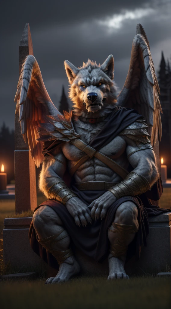 (best quality,4k,8k,highres,masterpiece:1.2),ultra-detailed,(realistic,photorealistic,photo-realistic:1.37),Cassius is a handsome furry and unfortunately he is no longer with us he died many years ago on October 30, 1518 every night you can see him wandering around the cemetery with his beautiful angel wings and his golden eyes he is sitting on his tombstone where his body is resting peacefully while looking at the viewer with a serious and angry expression It's my friends Cassius he has become a vengeful spirit I don't recommend any of you enter the cemetery at dawn. you may come across Cassius sitting on his tombstone where his body is resting in peace and watching you walk through the cemetery