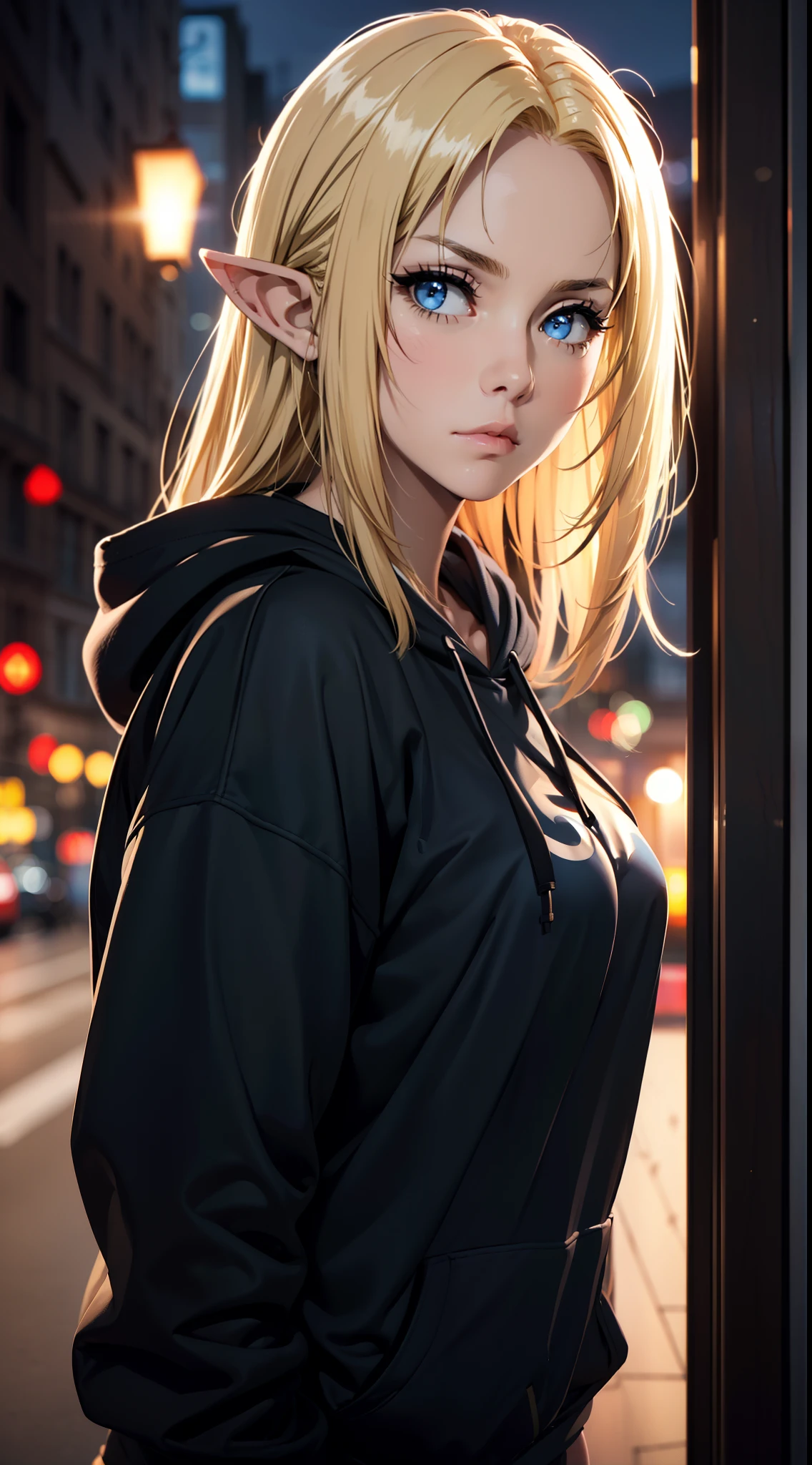 (masterpiece, best quality:1.4), 1girl, upper body, wearing Streetwear ((Hoodie)), blonde_hair, blue_eyes, serious face, closed_mouth, elf ears, looking_at_viewer, medium breast, full face blush, blurry background, depth of field, dinamic lighting, sharp focus, realistic proportions, good anatomy, Cityscape , outside, at night