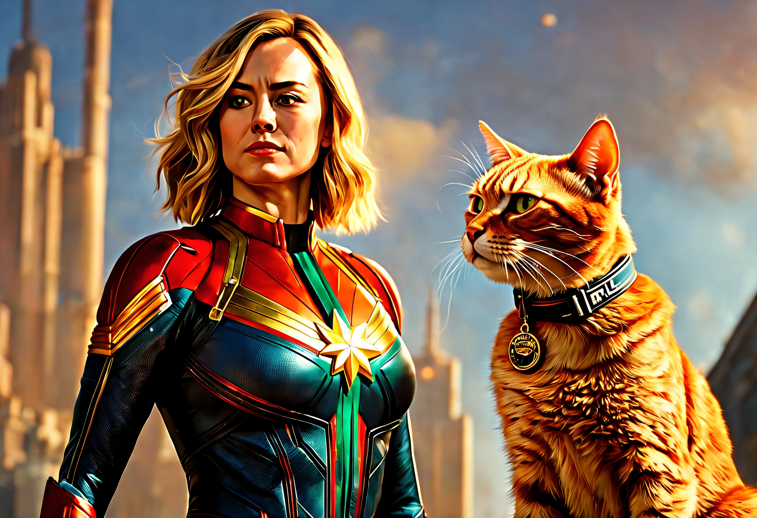 (best quality, 4k, 8k, high resolution, masterpiece: 1.2), (ultra detailed, realistic, photorealistic: 1.37), cinematic scene, portrait of Captain Marvel with her orange cat Goose, the cat has a badge hanging around her neck round with the letters "GOOSE" detailed background, masterpiece, best quality, high quality, vivid colors, scene taken from the movie Captain Marvel