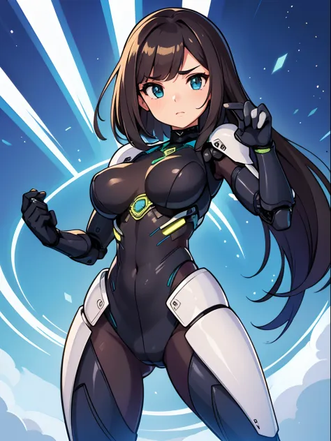 (melhor qualidade, obra-prima), 1girl, (android), technological armor, feliz, corada, rechonchuda, fofa, emphasis on breasts, po...