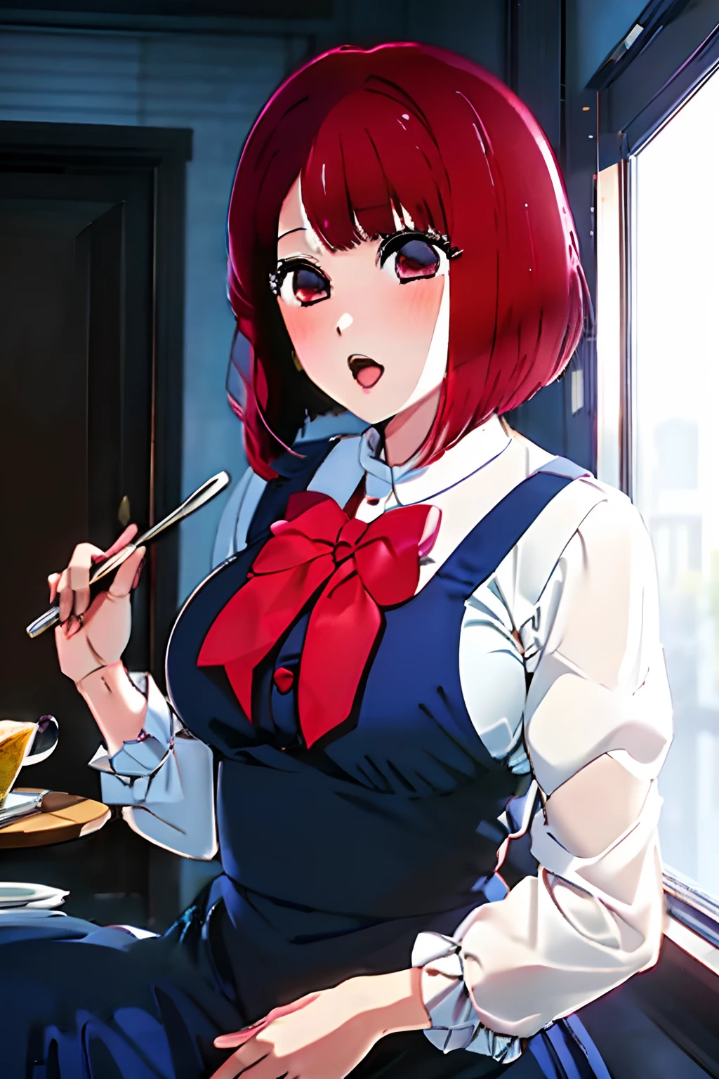 masterpiece, Best quality, arima_kana, Traditional maid, blush, Open mouth, looking_at_viewer, red_eyes, red_hair, short_hair, Solo, upper_body, Holding tray, Food, Blurred background, Restaurant, Chair, Indoors, Table, Window,(Masterpiece, Best Quality, High Definition), Kana Arima (Oshinoko\), Big Tits　Big breasts Lying bed