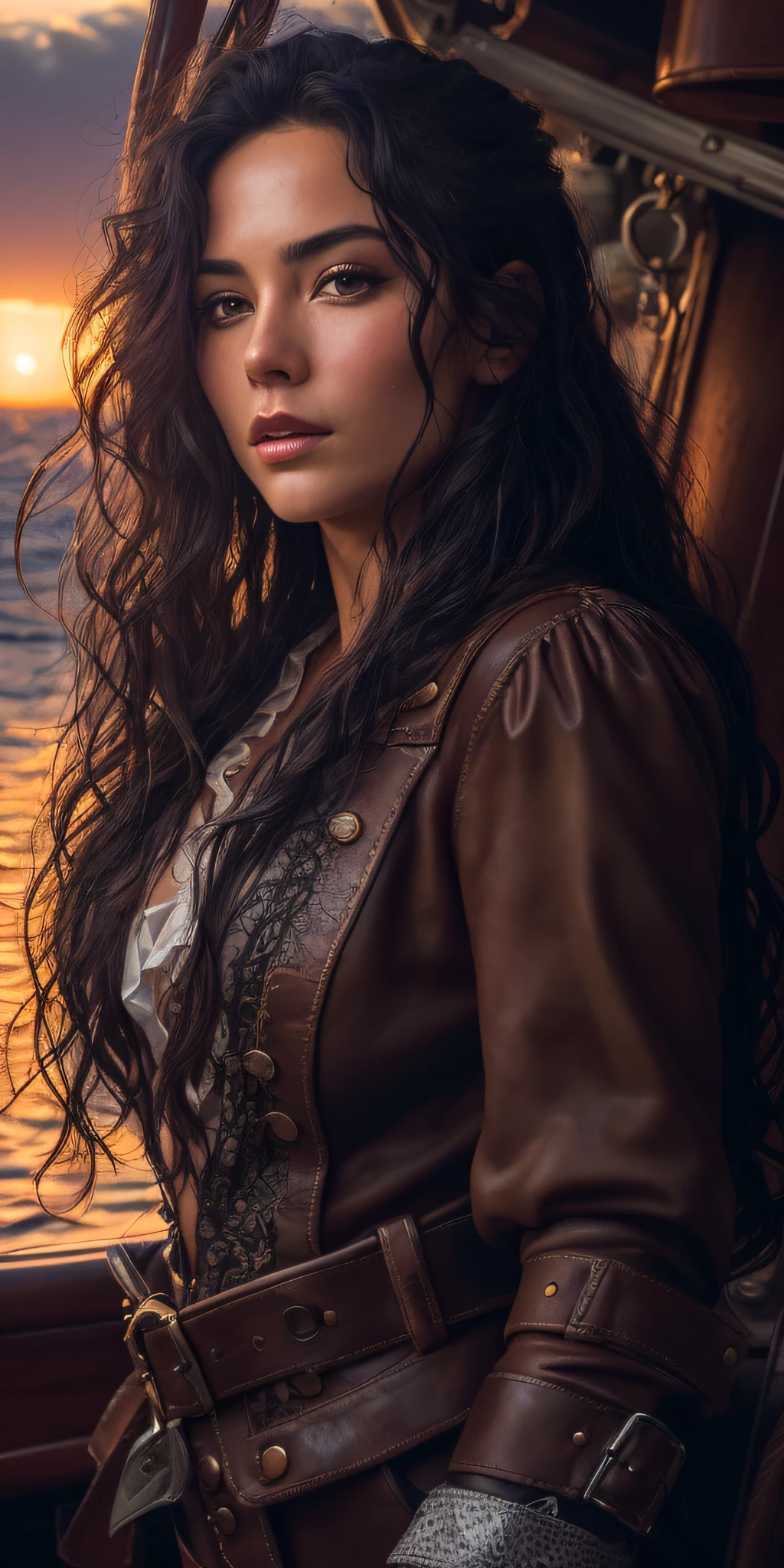 Photo of a 25-year-old European girl, RAW, a handsome female, (Very long wavy black hair), ((portraite of a)), ((detailized face:1.2)), ((detailed facial features)), (Finely detailed leather), tanning skin, Tight Hasmat Pirate Suit, sexy, Wednesday, Ship Deck and Ocean, (Warm colors), humid, humid, reflections, (tmasterpiece) (perfect proportion)(foto realista)(beste-Qualit) (Detailed), shot on a Canon EOS R5, 50mm lens, F/2.8, HDR, (8k) (wallpapers) (电影灯光) (dramatic  lighting) (Sharp focus) (an intricate) sun glare, Jeanne Friske