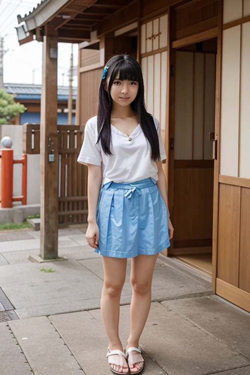 japanisches Mädchen stehend, mit blauen Flip-Flops, Anime-Stil