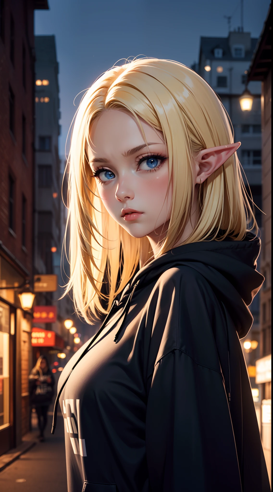 (masterpiece, best quality:1.4), 1girl, upper body, wearing Streetwear ((Hoodie)), blonde_hair, blue_eyes, serious face, closed_mouth, elf ears, looking_at_viewer, medium breast, full face blush, blurry background, depth of field, dinamic lighting, sharp focus, realistic proportions, good anatomy, Cityscape , outside, at night