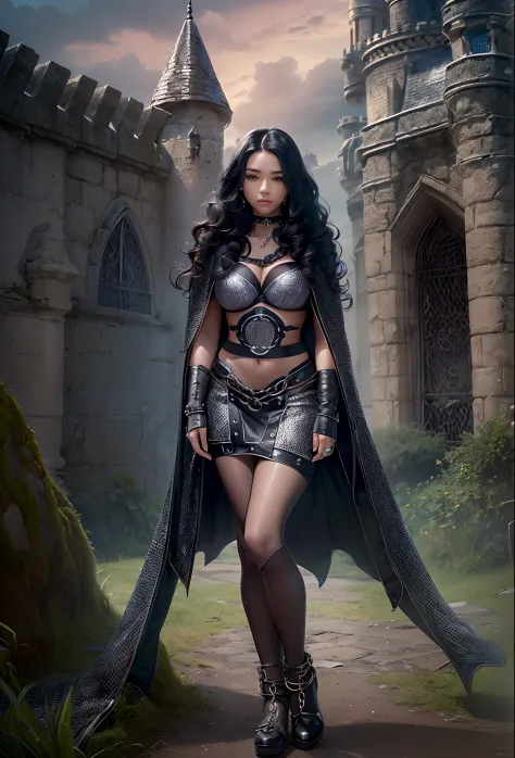 ((20-year-old))), girl, (((light skin))), (((full body pose))),  (((long curly black hair))), (((wearing tight chainmail micromi...