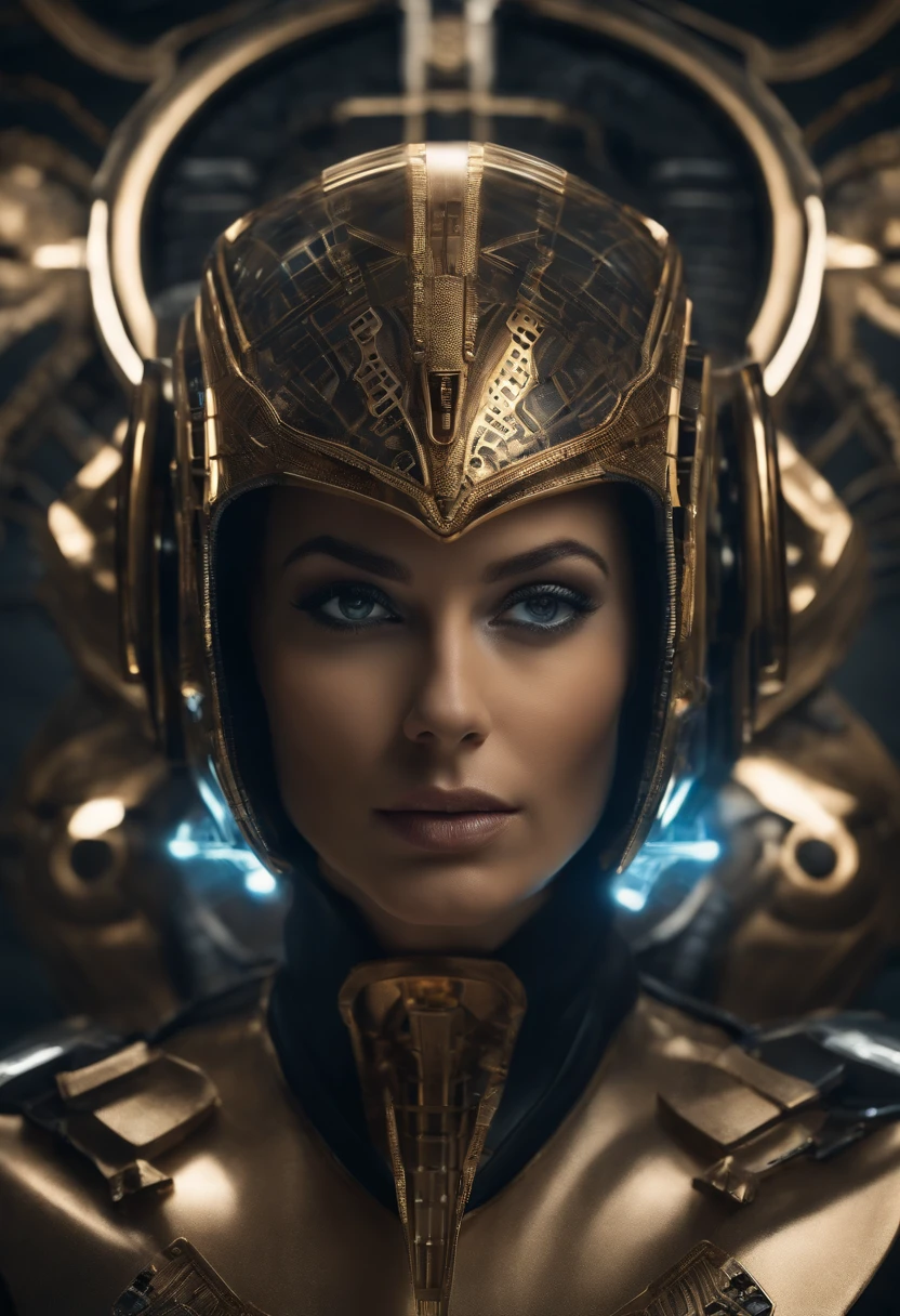 best quality, portrait of a beautiful woman i futuristic mask inspired by an ancient egypt mask, details, gold, silver, transparent limestone, stones, scarab beetle, microchips, cabels, electric glow, retro futurism, space colony in background, mecha-girl, experimental and futuristic cybernetic details, vibrant, star trek, ultra-modern, Cinematic, Ultra detailed, professional. Cybernetics, Human-machine integration, dystopian, Highly detailed, eyes covered by a transparent visor