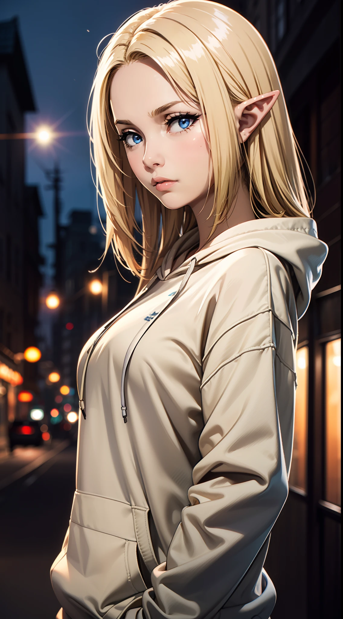 (masterpiece, best quality:1.4), 1girl, upper body, wearing Streetwear ((Hoodie)), blonde_hair, blue_eyes, serious face, closed_mouth, elf ears, looking_at_viewer, medium breast, full face blush, blurry background, depth of field, dinamic lighting, sharp focus, realistic proportions, good anatomy, Cityscape , outside, at night