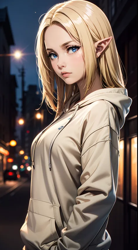 (masterpiece, best quality:1.4), 1girl, upper body, wearing streetwear ((hoodie)), blonde_hair, blue_eyes, serious face, closed_...