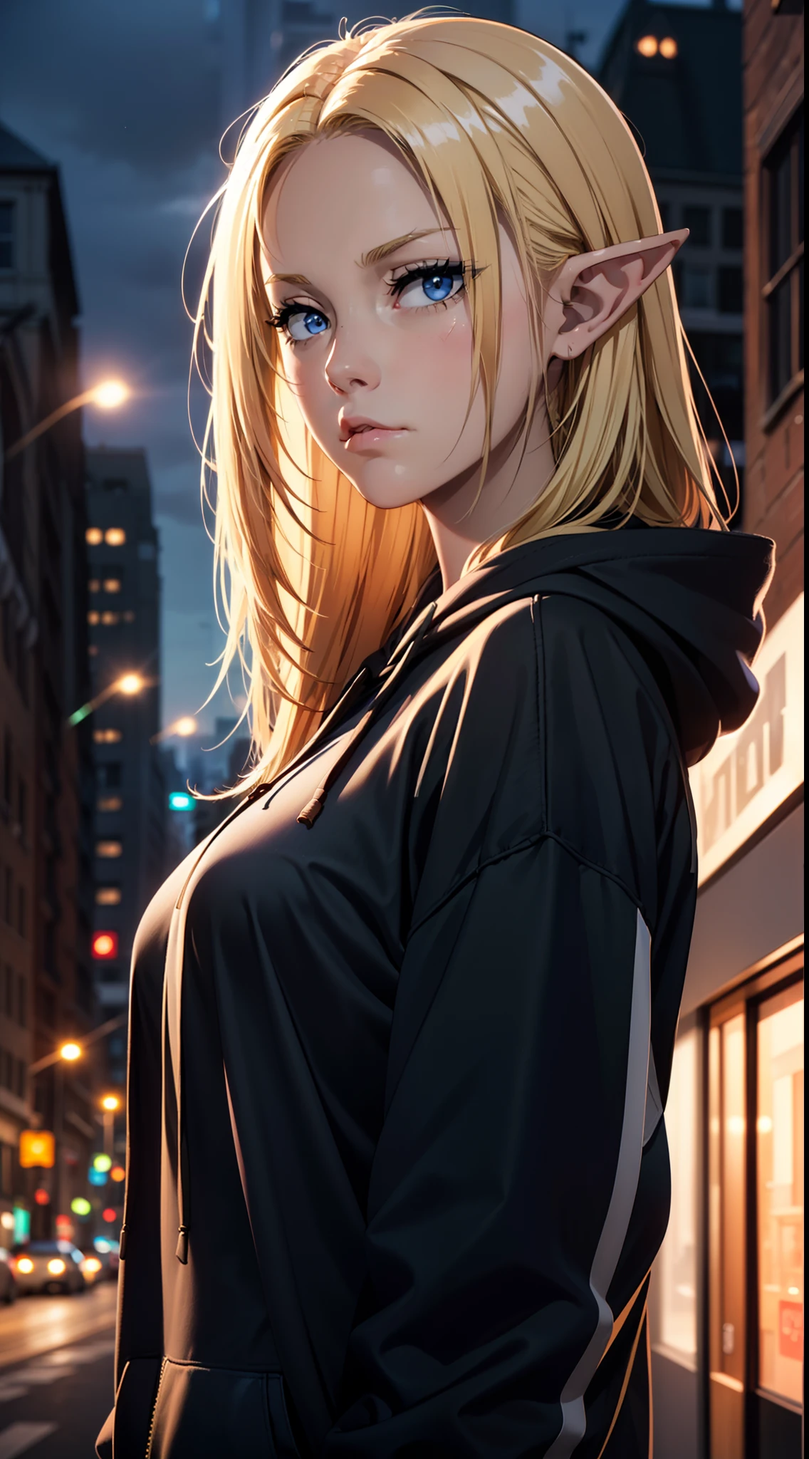 (masterpiece, best quality:1.4), 1girl, upper body, wearing Streetwear ((Hoodie)), blonde_hair, blue_eyes, serious face, closed_mouth, elf ears, looking_at_viewer, medium breast, full face blush, blurry background, depth of field, dinamic lighting, sharp focus, realistic proportions, good anatomy, Cityscape , outside, at night