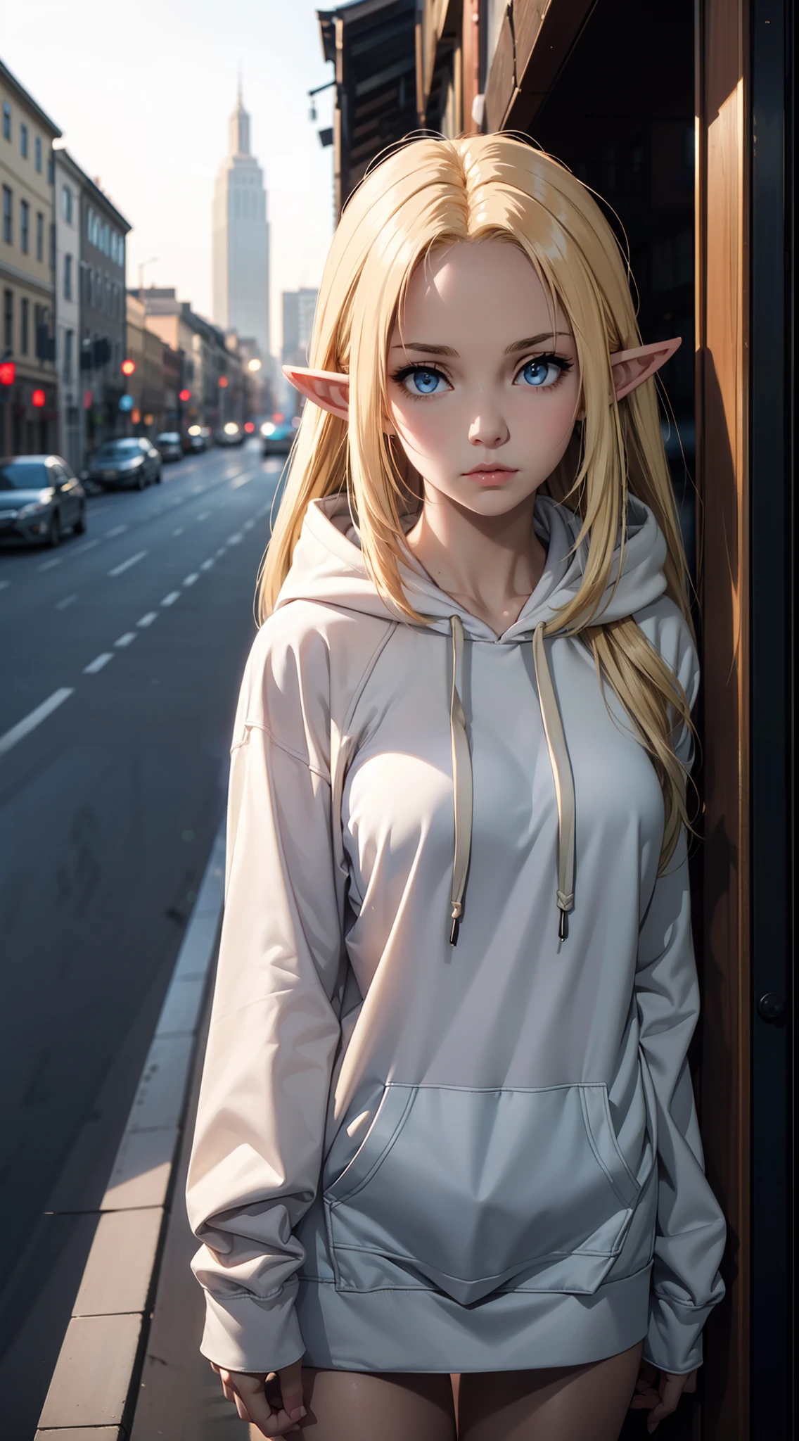 (masterpiece, best quality:1.4), 1girl, upper body, wearing Streetwear ((Hoodie)), blonde_hair, blue_eyes, serious face, closed_mouth, elf ears, looking_at_viewer, medium breast, full face blush, blurry background, depth of field, dinamic lighting, sharp focus, realistic proportions, good anatomy, Cityscape , outside, at night