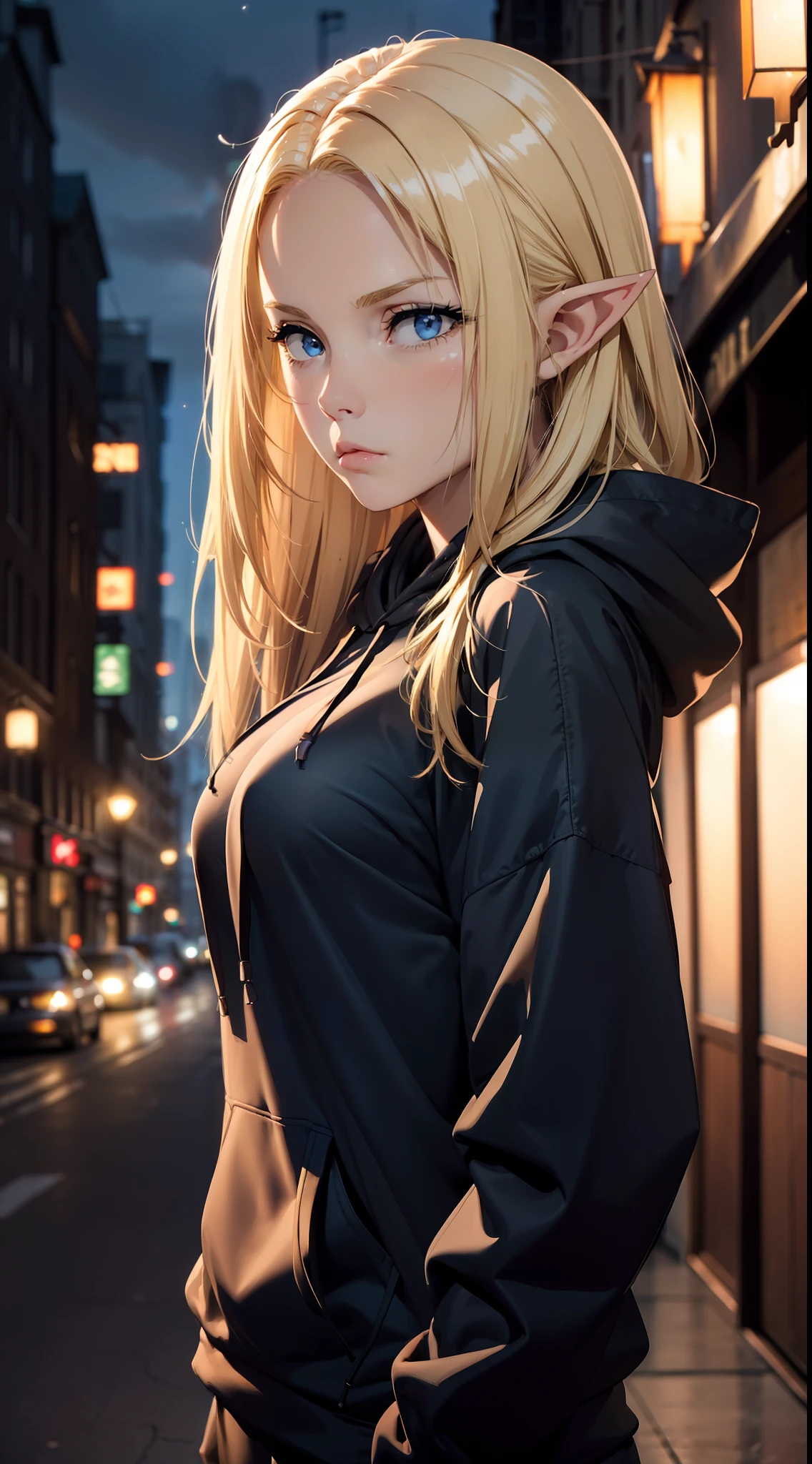 (masterpiece, best quality:1.4), 1girl, upper body, wearing Streetwear ((Hoodie)), blonde_hair, blue_eyes, serious face, closed_mouth, elf ears, looking_at_viewer, medium breast, full face blush, blurry background, depth of field, dinamic lighting, sharp focus, realistic proportions, good anatomy, Cityscape , outside, at night