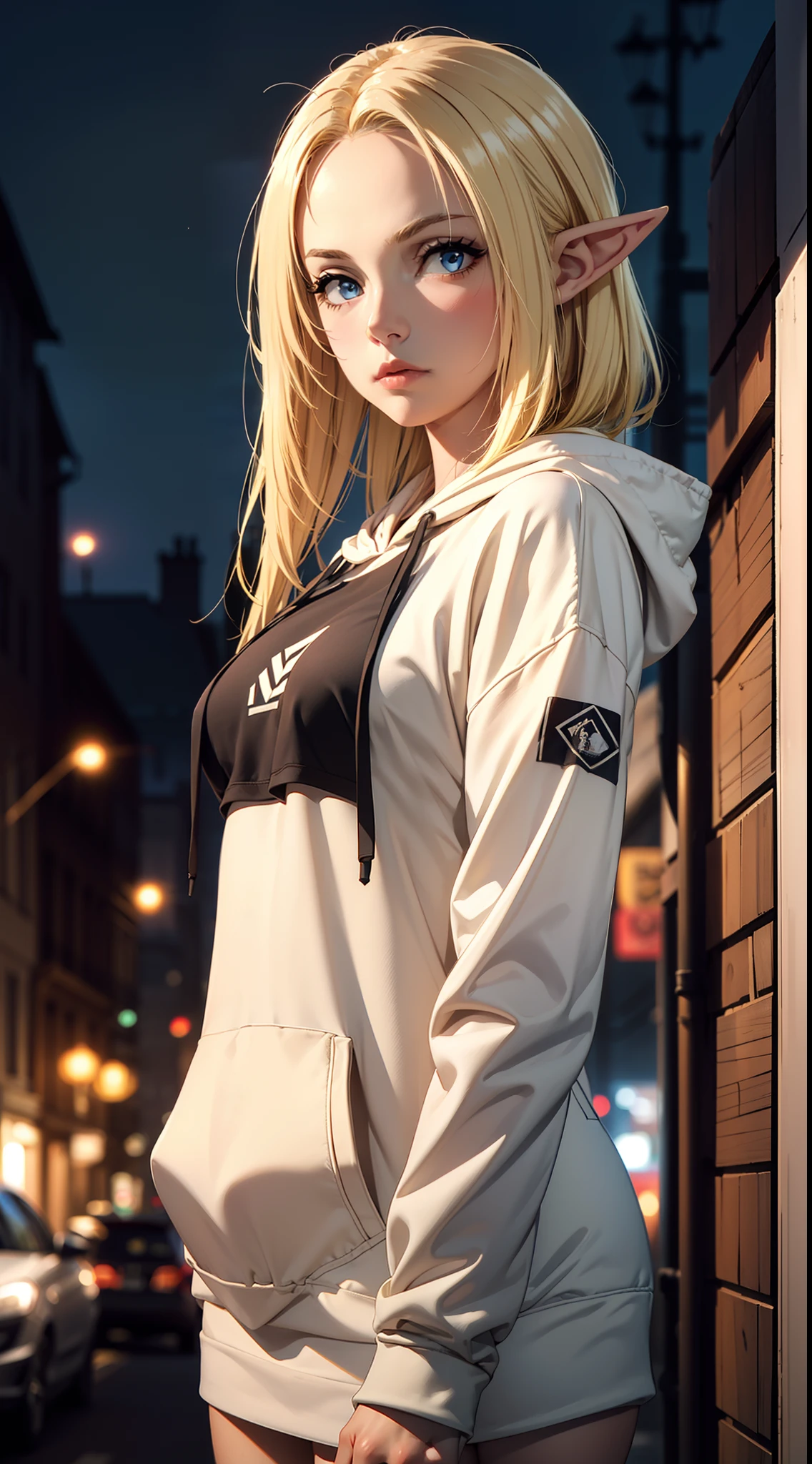 (masterpiece, best quality:1.4), 1girl, upper body, wearing Streetwear ((Hoodie)), blonde_hair, blue_eyes, serious face, closed_mouth, elf ears, looking_at_viewer, medium breast, full face blush, blurry background, depth of field, dinamic lighting, sharp focus, realistic proportions, good anatomy, Cityscape , outside, at night