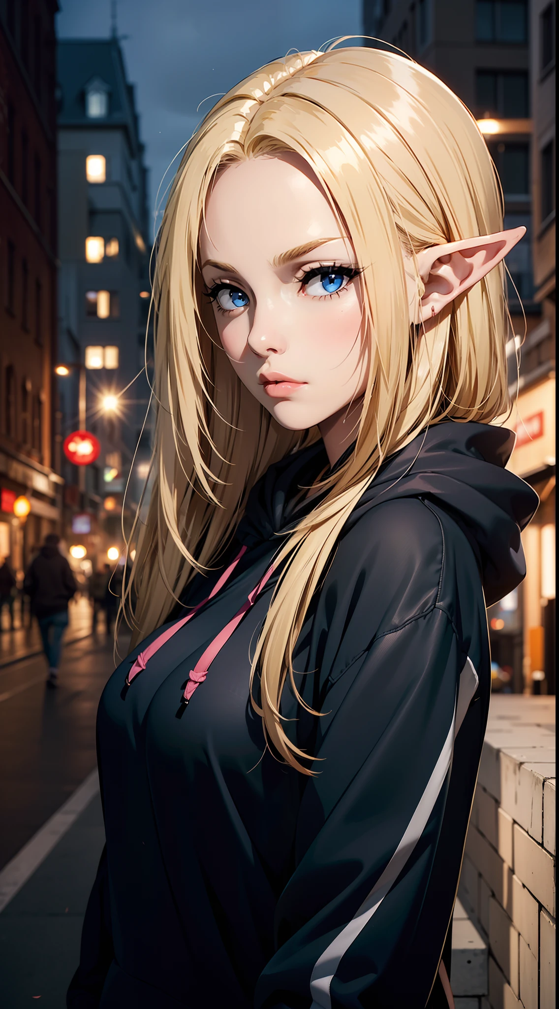 (masterpiece, best quality:1.4), 1girl, upper body, wearing Streetwear ((Hoodie)), blonde_hair, blue_eyes, serious face, closed_mouth, elf ears, looking_at_viewer, medium breast, full face blush, blurry background, depth of field, dinamic lighting, sharp focus, realistic proportions, good anatomy, Cityscape , outside, at night