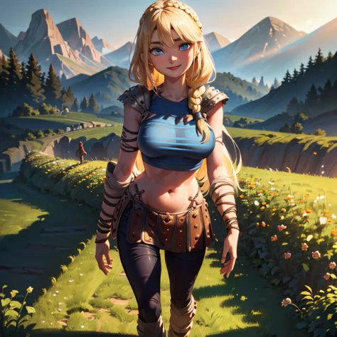 astrid walking naked in a field of roses around mountains after a massive meal, (long hair, blonde, blue eyes, massive stomach, ...