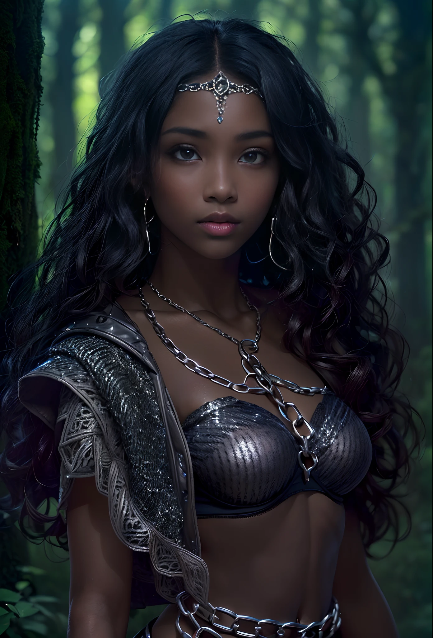 ((17-year-old))), black girl, (((light skin))), (((full body pose))),  (((long curly black hair))), (((wearing tight chainmail micromini skirt, chainmail bra, open front cloak, wings))), (((seamless, black, pantyhose))), standing in the dark woods at night, moonlight shining through the dense canopy, (((dark castle in the background))), dark fantasy, Rich, Deep Colours, (intricate details:0.9), (HDR, hyper-detailing:1.2), (natural skin textures, hyper realisitc, glistening skin, soft light, Sharp),