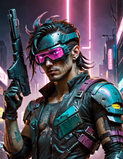 um homem com uma arma e um capacete segurando uma arma, musculoso! cyberpunk, masterpiece epic retrowave art, jen bartel, cyber ...