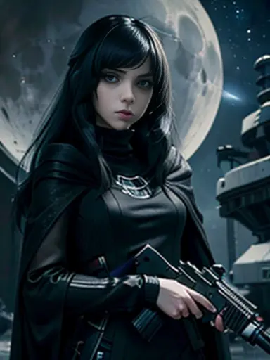 ((emo_hairstyle)), (((Jessica_Faulkner))), tronwear, pale skin, tight black cloak, pale blue eyes, aiming gun, long hair, straig...