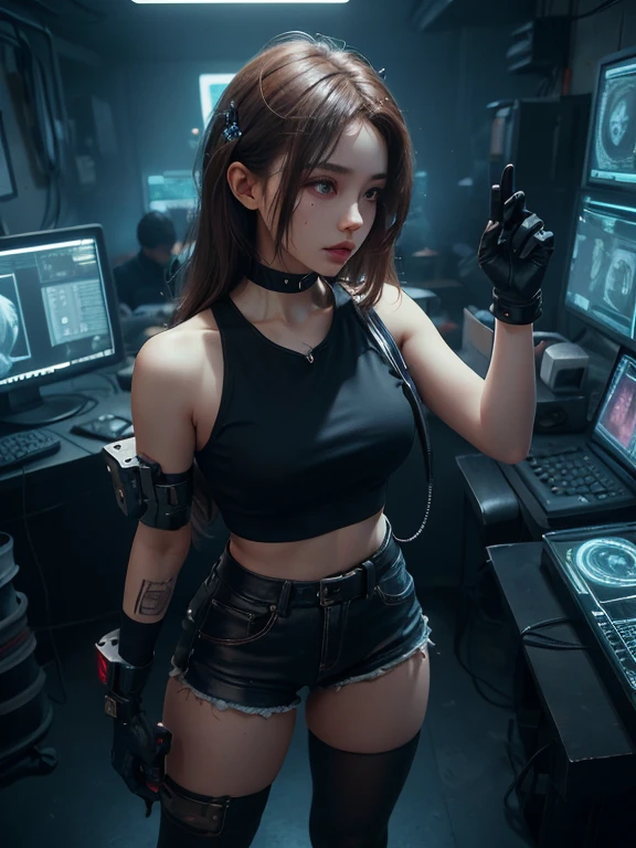 (natural skin texture, hyperrealism, soft light, sharp), full body shot, 24yo women, brown hair, cyberpunk, doctor, dark cyberware, dim light, in ripperdoc clinic, cyberware on body, metal hand, stockings, shorts, white top, detailed face, accurate face, sad