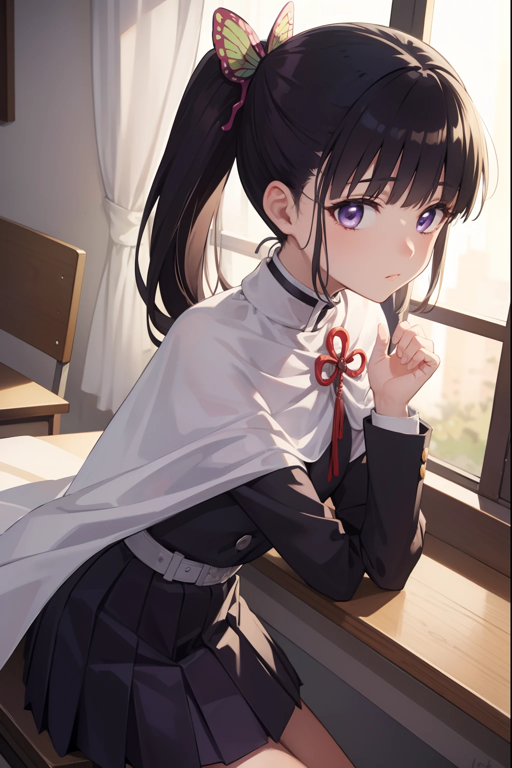 kanaotsuyuri, kanao tsuyuri, black hair, butterfly, butterfly hair ornament, (purple eyes:1.1), side ponytail, ponytail, 
BREAK black skirt, cape, demon slayer uniform, long sleeves, pleated skirt, skirt, white cape,
BREAK looking at viewer,
BREAK indoors, classroom,
BREAK (masterpiece:1.2), best quality, high resolution, unity 8k wallpaper, (illustration:0.8), (beautiful detailed eyes:1.6), extremely detailed face, perfect lighting, extremely detailed CG, (perfect hands, perfect anatomy),