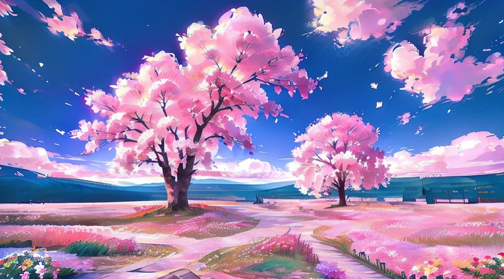 Plain of colorful flowers、One big cherry tree、fantastic landscape、Landscapes delicately expressed in detail、realistic representation