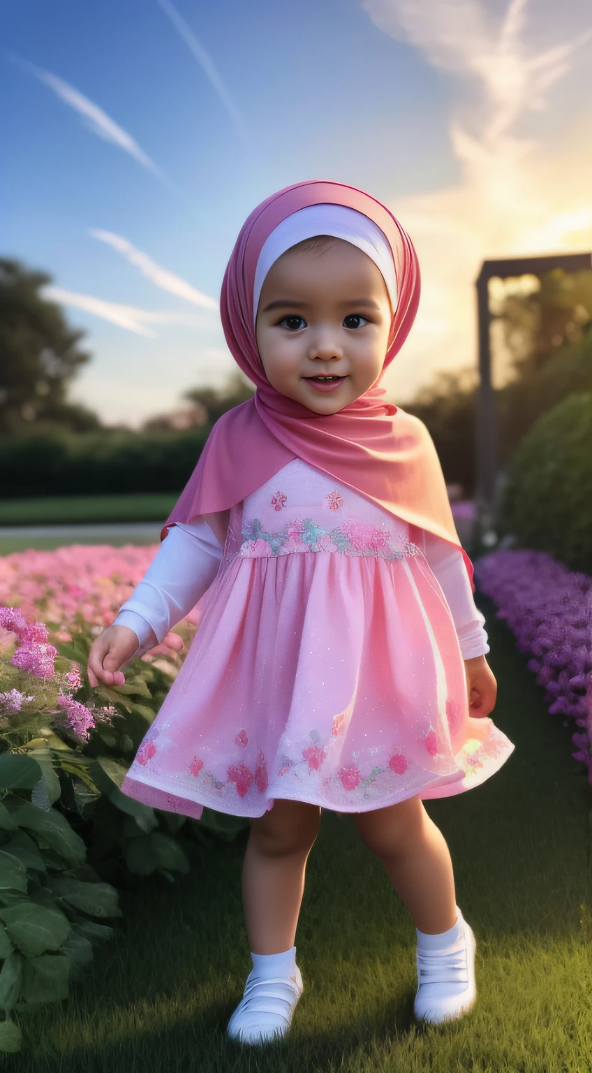 a picture of a baby girl ultra realistic,16k, enhanced quality, perfect face, perfect hands, perfect body, ultra detailed, full body shot, 1 baby girl, perfect hair, perfect smile, ultra realistic, ultra realistic background, ultra realistic sunset, ultra realistic clouds, standing in a garden of flowers, full body shot, baby girl look at viewer, ultra realistic glowing butterfly, baby girl wearing perfect hijab, ultra realistic particles, perfect duck lips, Islamic hijab,