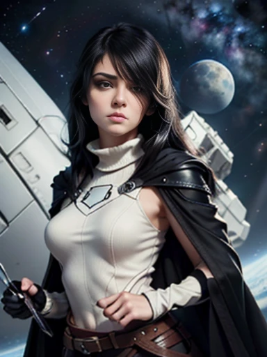 emo_hairstyle, (((Jessica_Faulkner))), tronwear, claws, pale skin, tight black cloak, pale blue eyes, long hair, straight hair, (((black hair))), white skin, pale, white, space ship, daggers, moon, leather turtleneck, Milky Way Galaxy, weapon, claws, (best quality, 8k, masterpiece:1.2, ultra-detailed, realistic, photorealistic)