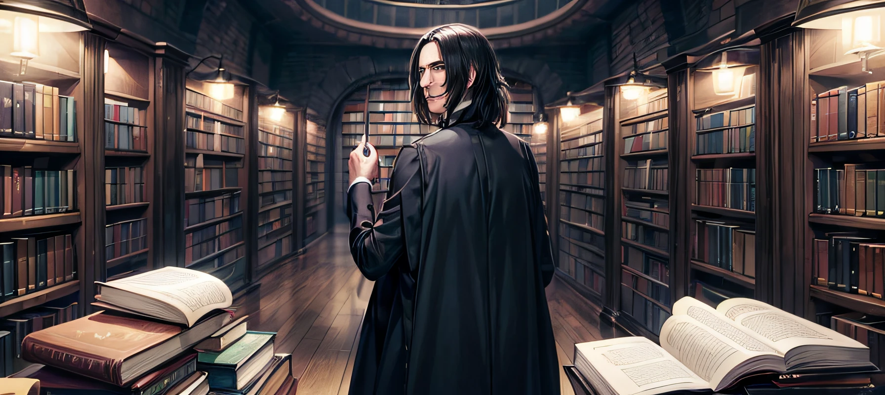 ((eine Person)) Meisterwerk, 4k, UHD, ((Professor Severus Snape)), (Gesicht: Alan_Rickman), Potions, Potions, Cauldron, Kessel, Books, books, Bookshelf, library, Severus Snape stehend, seductive glance, schwarze Haare, Haare: mittellang, schulterlang, schwarze Roben, white shirt, Severus Snape, Mann, Professor, good body, perfect, ordentlich, sexy, seductive, from behind, book in Hand, back, smile, UHD, anatomisch korrekt, f/2.8, 8K, nearly full body