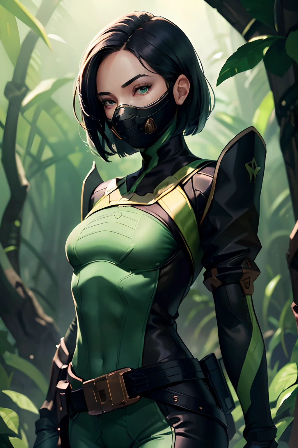 (best quality, masterpiece:1.2), solo, mature woman, detailed hair, detailed eyes, valorantViper, vibrant green eyes, glowing eyes, (small breasts), [abs:0.4], bodysuit, belt, jungle, green smoke, realistic colors, studio lighting, respirator, looking at viewer, expressionless, from below