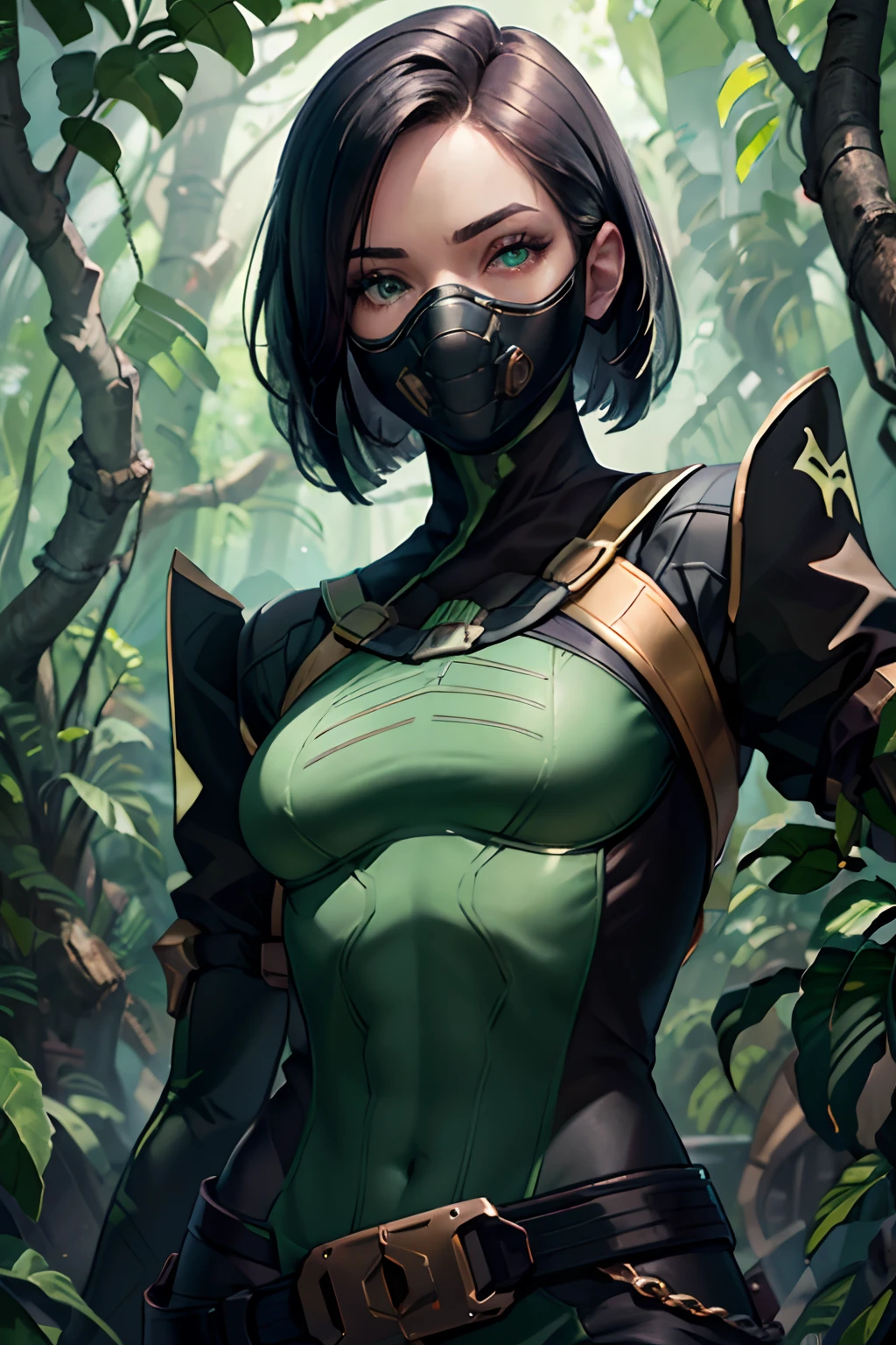 (best quality, masterpiece:1.2), solo, mature woman, detailed hair, detailed eyes, valorantViper, vibrant green eyes, glowing eyes, (small breasts), [abs:0.4], upper body, bodysuit, belt, jungle, green smoke, realistic colors, studio lighting, respirator, looking at viewer, dashed eyes, from below