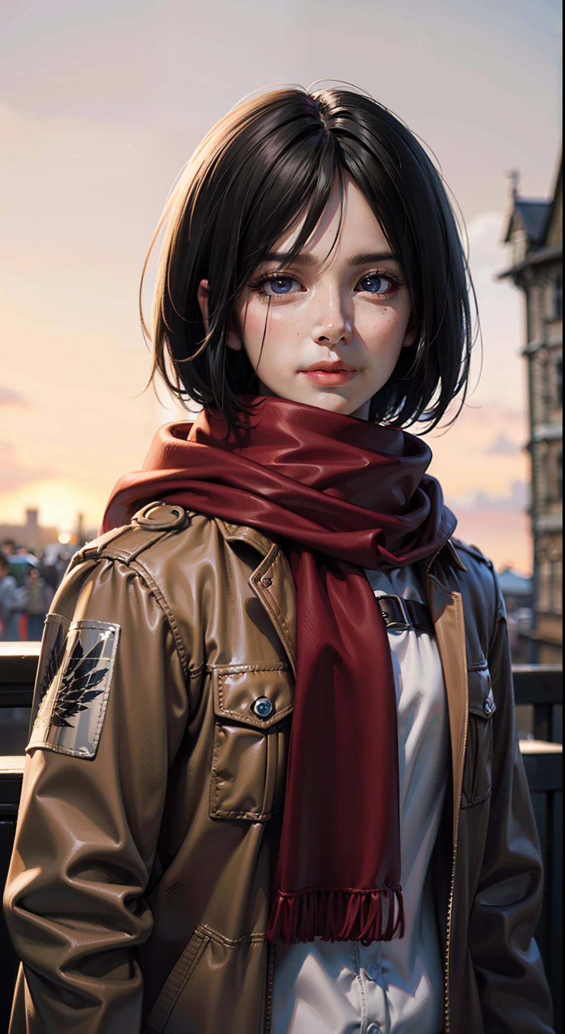 (masterpiece), (hyper realistic), Attack on Titan, upper body, Mikasa Ackerman, wearing Streetwear Hoodie, red scarf on the neck, sad smile, dinamic lighting, blurry background