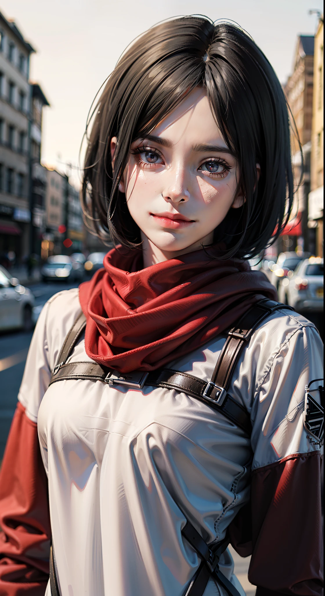(masterpiece), (hyper realistic), Attack on Titan, upper body, Mikasa Ackerman, wearing Streetwear Hoodie, red scarf on the neck, sad smile, dinamic lighting, blurry background