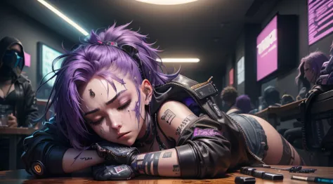 one young women, cyberpunk, unconscious, closed eyes, lying on her back, on the table, in ripperdoc clinic, thorn clothes, dirty...