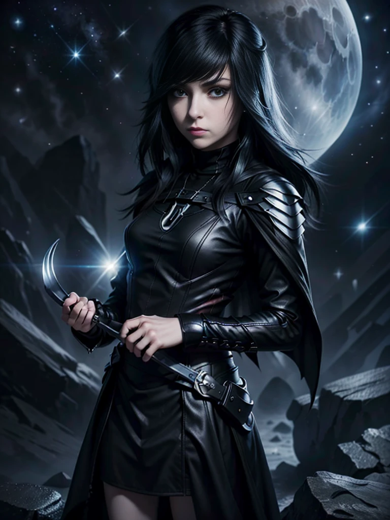 emo_hairstyle, (((Jessica_Faulkner))), tronwear, claws, pale skin, tight black cloak, pale blue eyes, long hair, straight hair, (((black hair))), white skin, pale, white, space ship, daggers, moon, leather turtleneck, Milky Way Galaxy, weapon, claws, (best quality, 8k, masterpiece:1.2, ultra-detailed, realistic, photorealistic)