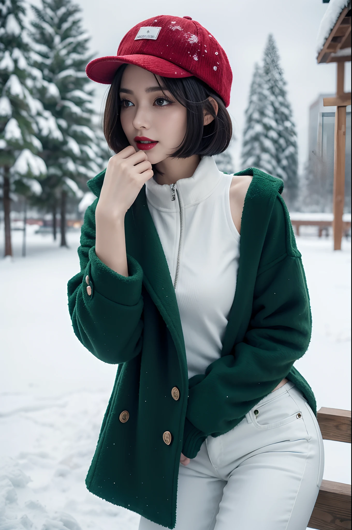 best quality, 4k, 8k, Detailed faces, clear face, a pretty girl,Exquisite Makeup, Red lips,laugh, perfect body,shoulder-length straight black bob hair,Green baseball cap,small breasts,thigh,slim,thin, The girl wears a brown woolen coat, Underneath the jacket was white collared shirt and white pants, Snowscape, winter, garden,Haze weather,Rime,cloudy,a big snowman behind the girl