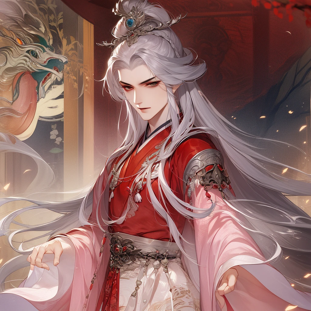 best qualtiy，tmasterpiece，highly detailed wallpaper，1 handsome man、pretty eyes，Character standing drawing，malefocus，brunette color hair，long whitr hair，Kingly temperament，The Royal Palace of Asian Architecture，详细的脸，gorgeous hair accessory，Red clothes，looking at viewert，Hanfu，超高分辨率，Red pillars，sketching，ink wash style，