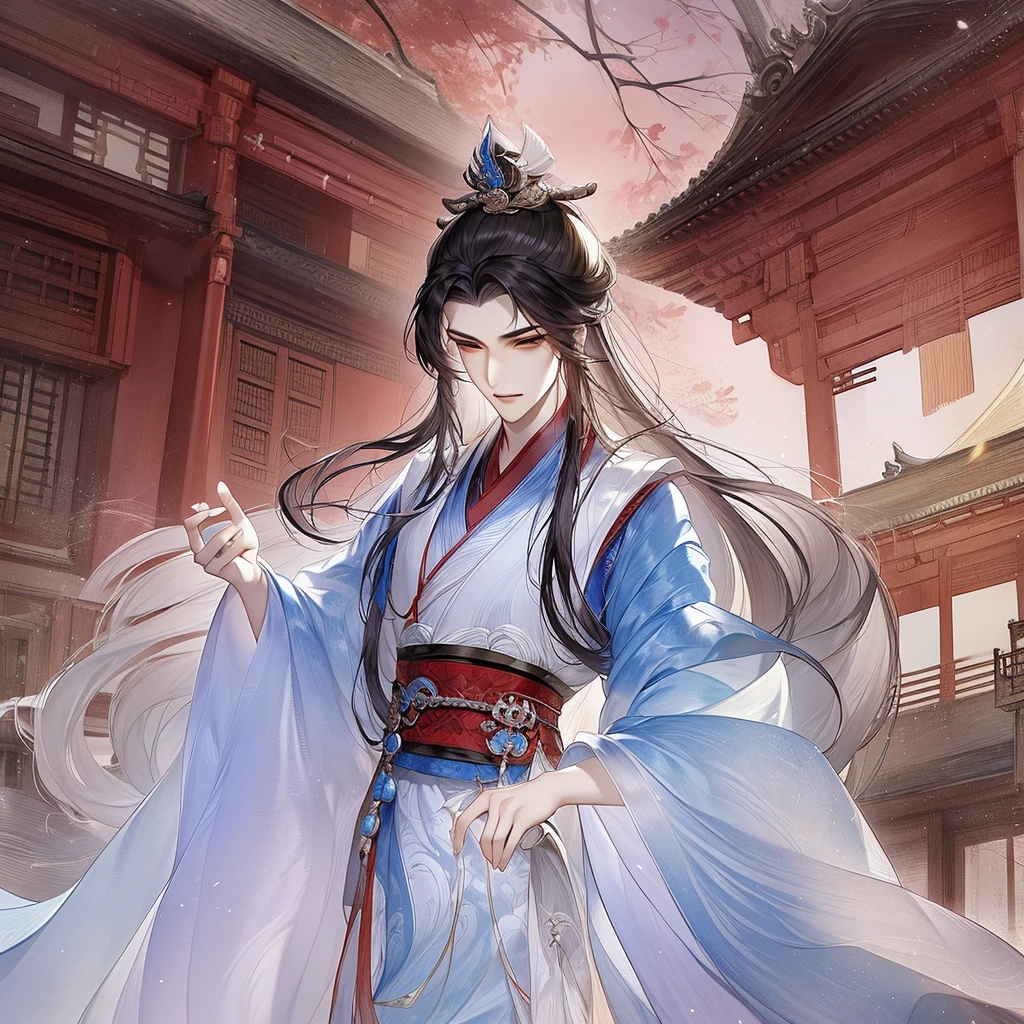 best qualtiy，tmasterpiece，highly detailed wallpaper，1 handsome man、pretty eyes，Character standing drawing，malefocus，brunette color hair，long whitr hair，Kingly temperament，The Royal Palace of Asian Architecture，详细的脸，gorgeous hair accessory，Blue clothes，brunette color hair，looking at viewert，Hanfu，超高分辨率，Red pillars，sketching，ink wash style，