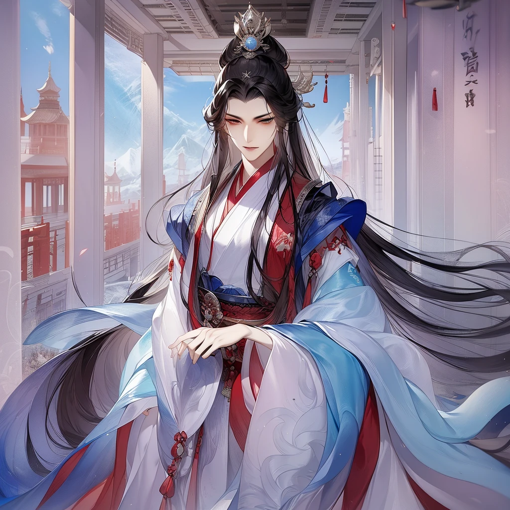 best qualtiy，tmasterpiece，highly detailed wallpaper，1 beauty、pretty eyes，Character standing drawing，female focus，brunette color hair，long whitr hair，Kingly temperament，The Royal Palace of Asian Architecture，Detailed face，gorgeous hair accessory，Blue clothes，brunette color hair，looking at viewert，Hanfu，Ultra-high resolution，Red pillars，sketching，ink wash style，